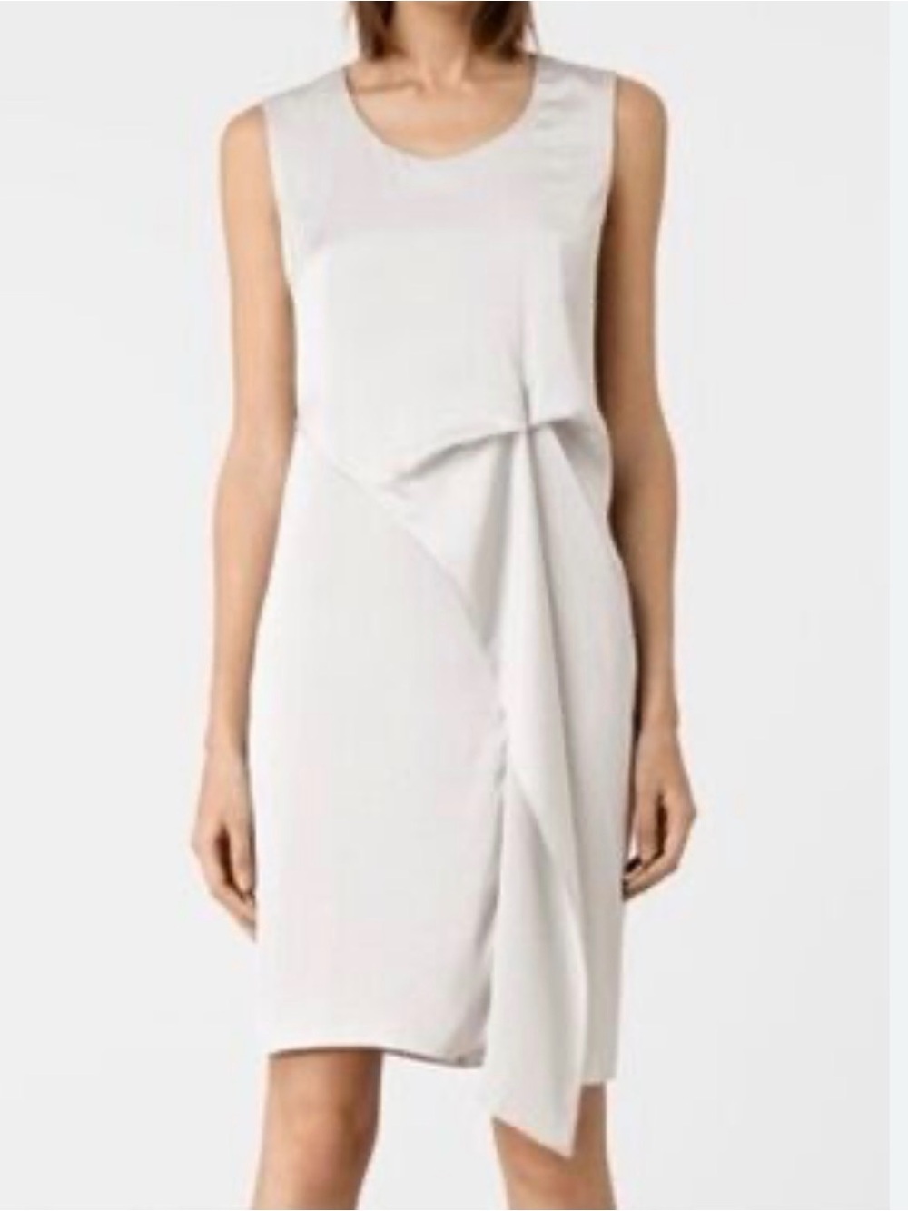 AllSaints Ultra Dress - Draped Sleeveless Satin finish Midi Dress - Silvery Gray